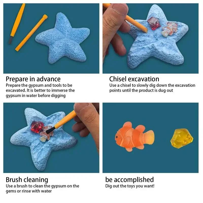 Dinosaur Fossil & Gemstone Excavation Kit - Archaeological Puzzle Toy with Starfish Marine Life 12 Real Gemstones IncludedM