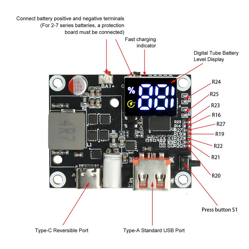 65W Mobile Power Module Bidirectional Fast Charging DIY Circuit Board Dual Interface Type-C USB-A for 3-6S Battery