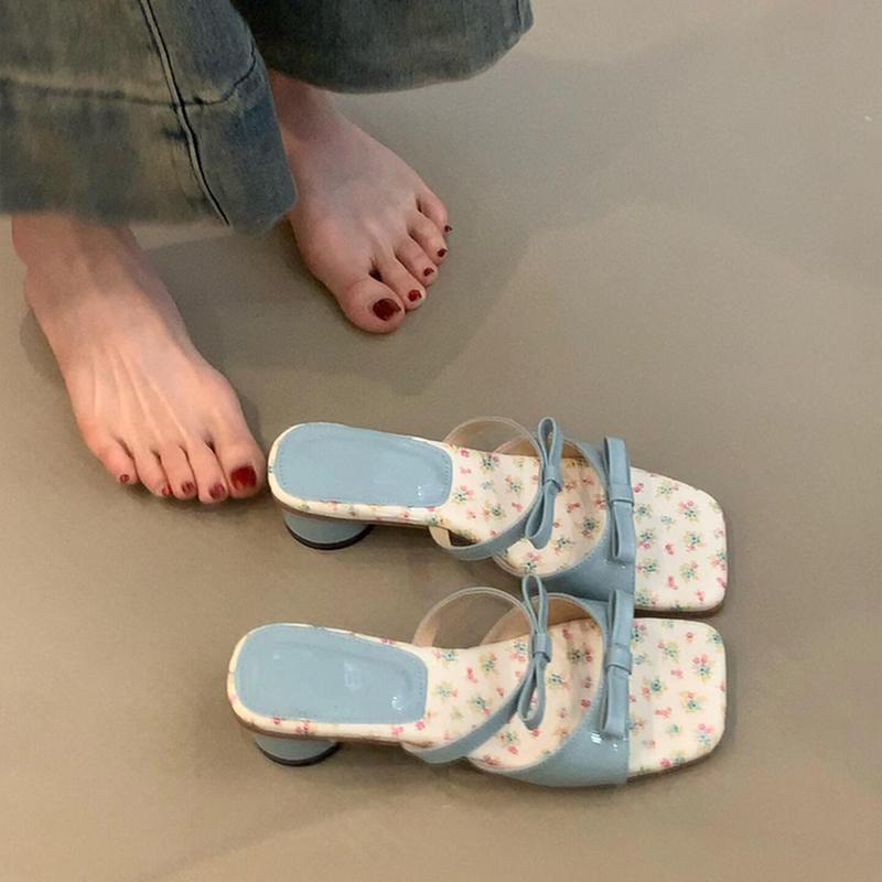 Sommer Damen Sandalen mit eckiger Zehenpartie, niedrigen Absätzen, schlichten Schleifen-Slippern, Party, Hochzeit, Bonbonfarben, Damenschuhe