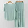 2 Teile/satz Frauen Pyjamas Nahtlose Eis Seide Rundhals Kurzarm Einfarbig Elastische Taille Breite Bein Lose Weiche Atmungsaktive Homewear top Hosen Set
