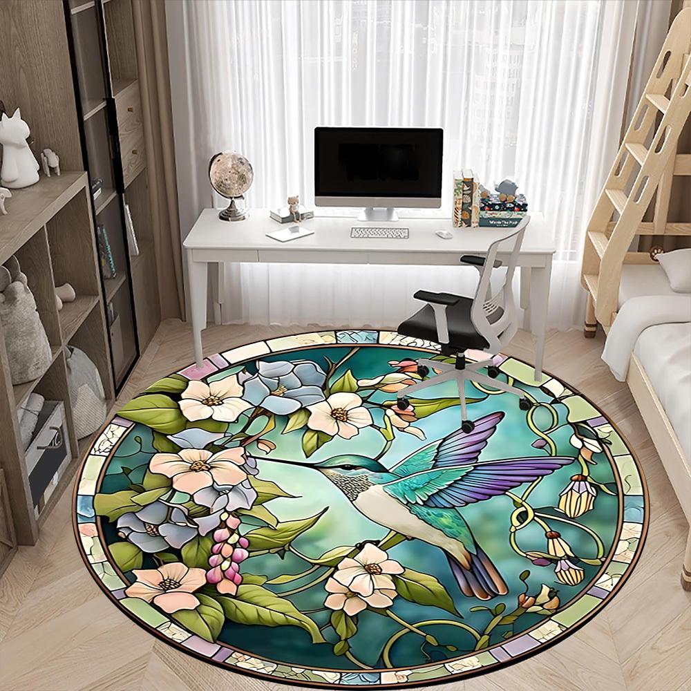 1pc Hummingbird Flowers Office Round Rug, Carpet for Office, Gaming, Lightweight Round Floor Mat yy260205019