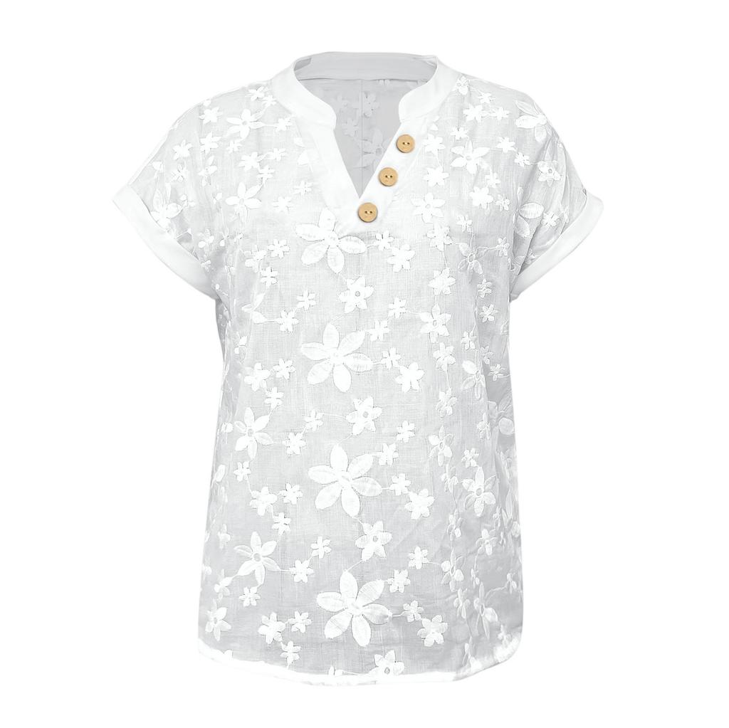 Fashion Women Stand Collar Short Sleeve Button Down Long Sleeve T Shirt