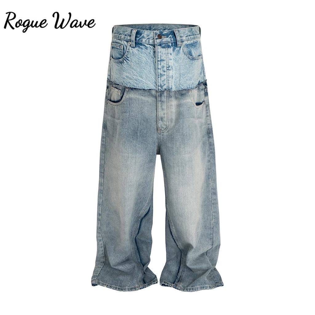 RogueWave CUT-UP Dobbeltlags Jeans med dobbel midje og patchwork-design for menn og kvinner. Rette, avslappede, løse denimbukser i oversized størrelse.