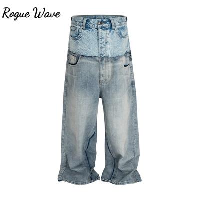 RogueWave CUT-UP Double-layer Double Waist Patchwork Baggy Jeans for Men and Women Straight Casual Loose Denim Trousers Oversized