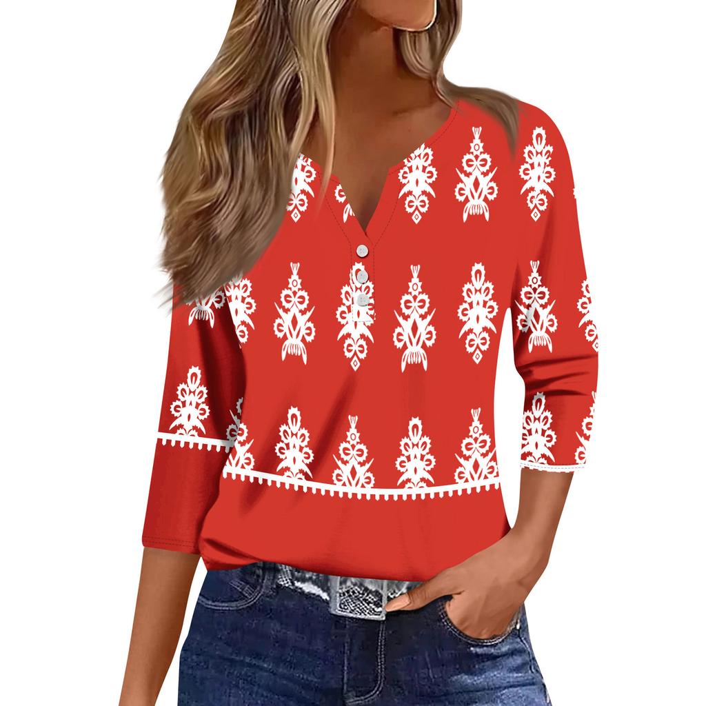 Women's Fashion Casual Seven Split Sleeve Burst Vintage Floral Print Pullover Top