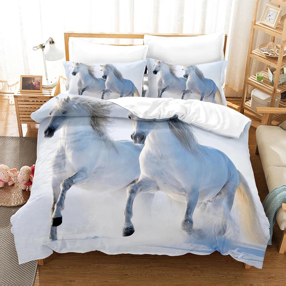 3D Tisk Koňská Ložní Sada pro Velikost King, Povlak na Přikrývku, 200x200 s Povlaky na Polštáře, Sada pro Dvojlůžko, pro 2 Osoby, Luxusní Sady Přikrývek