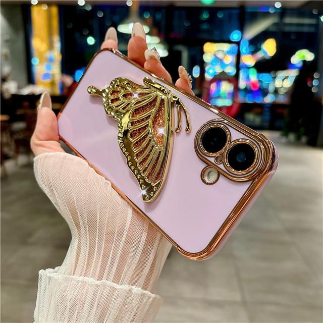For iPhone 16 Pro Max Luxury Flash Plating Pattern Frame Butterfly Holder Phone Case For iPhone 11 12 13 14 15 Plus Stand Cover