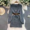 Autumn Winter Women Elegant O-neck Knitted Sweater Chic Mini Short Straight Pullover Dresses with Belt
