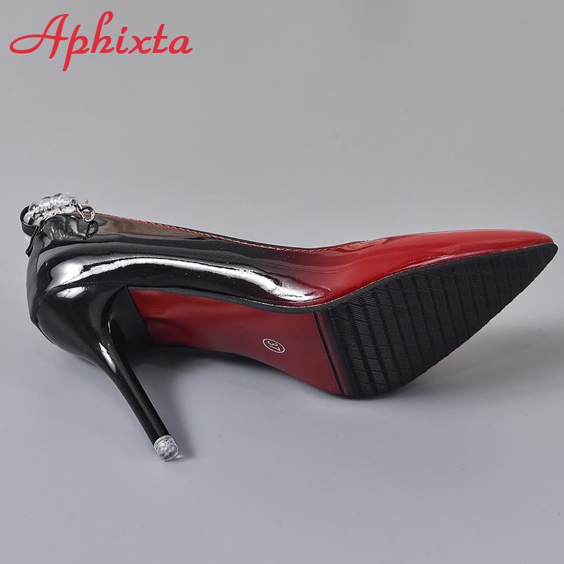 Fashion Aphixta 2024 10cm Stiletto Heels Gradient Transparent Bead Chain Pumps Women Shoes Patent Leather Ankle Strap Super Big 50