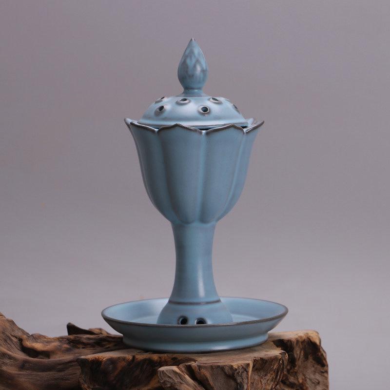 Song Dynasty Ru Kiln Blue Glaze Lotus Pod Incense Burner - Antique Style Collectible Porcelain Display.