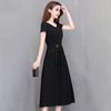 Plus Size Summer Lady Dress Slim Fit A-line Midi Dress Round Neck Short Sleeves Slim Waist Pure Color Mid-calf Length OL Commute