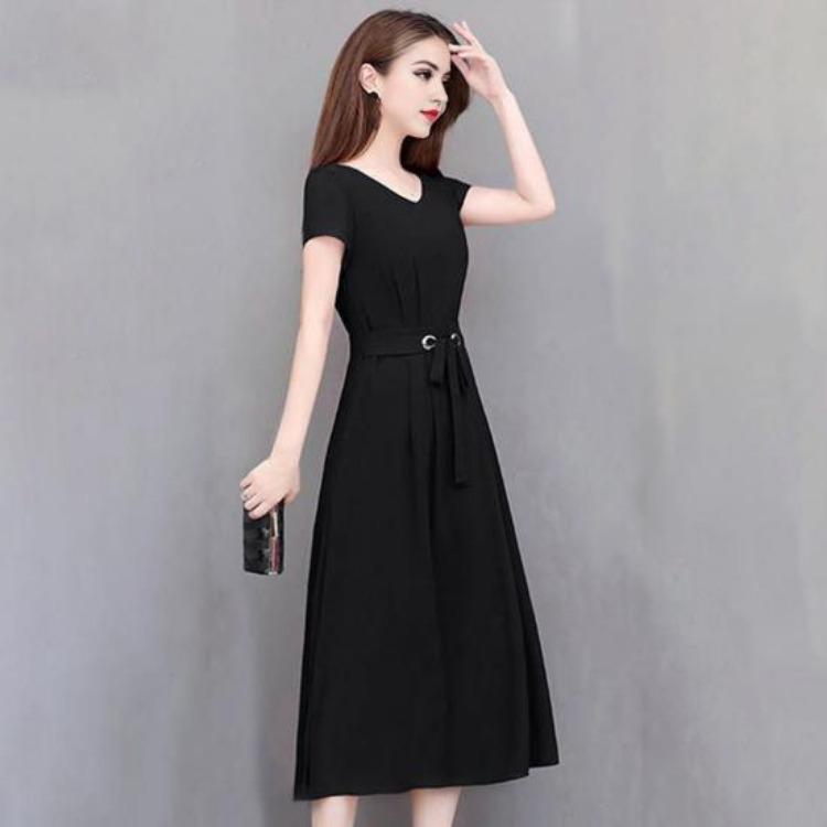 Plus Size Summer Lady Dress Slim Fit A-line Midi Dress Round Neck Short Sleeves Slim Waist Pure Color Mid-calf Length OL Commute