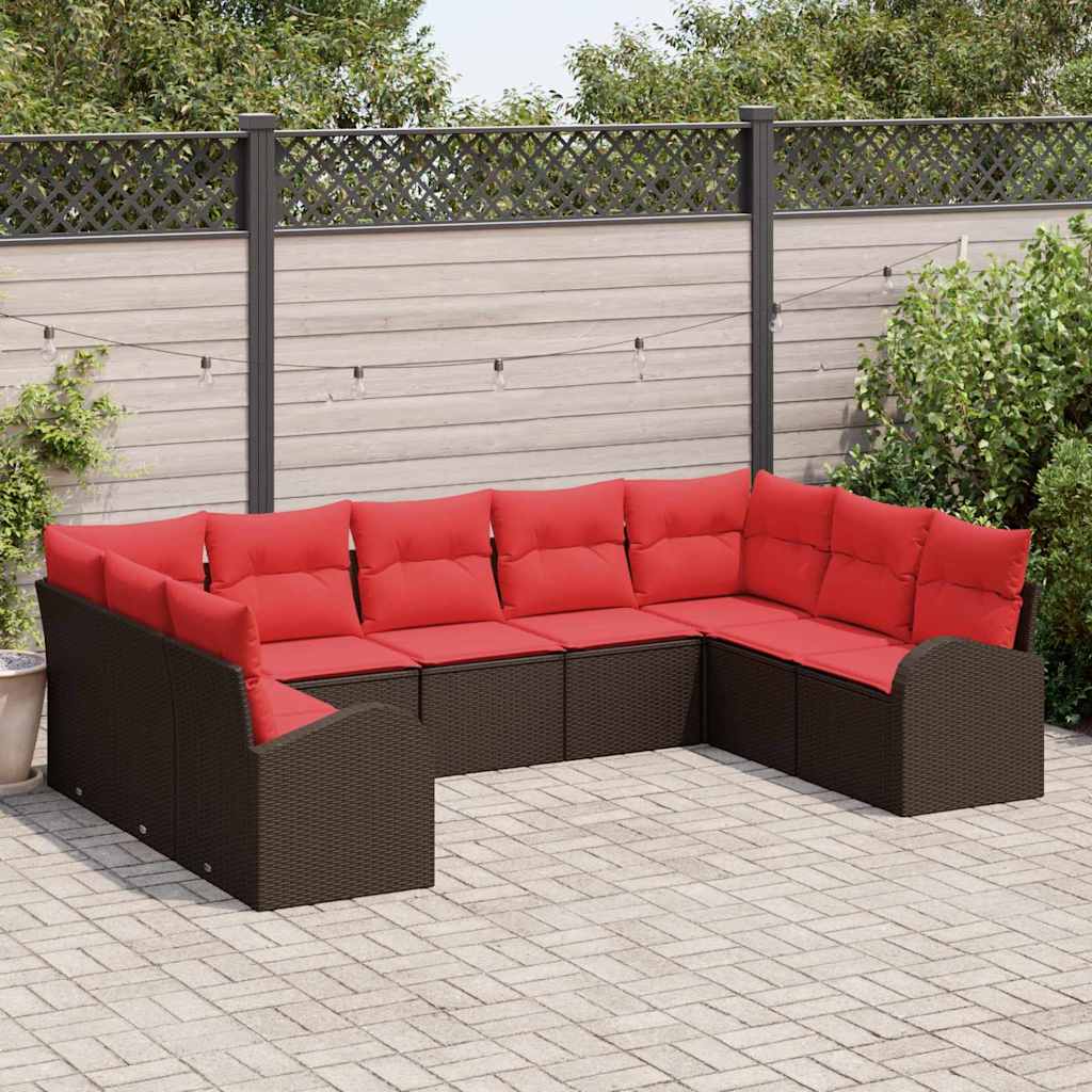 Garden Sofa Set with Cushions 9 pcs Brown and Red Poly Rattan