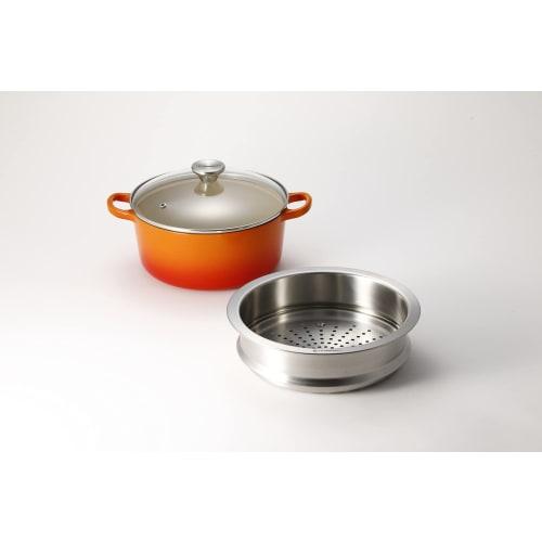 [.co.jp Exclusive] Le Creuset 3-Piece Set: Orange Cocotte Ronde Pot, 22cm, Glass Lid, and Steamer