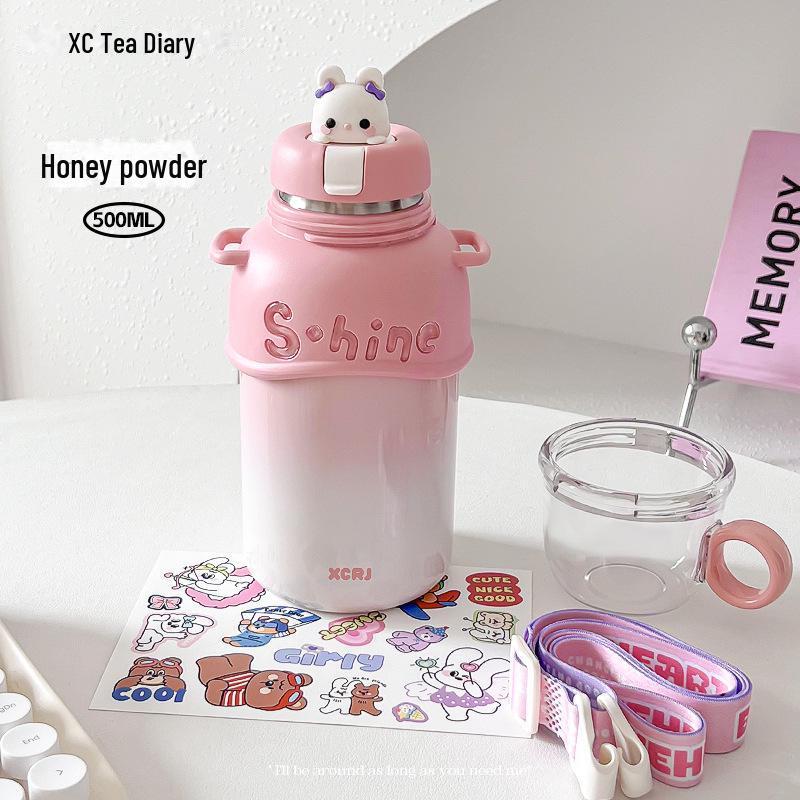 Compact Cartoon Kids' Stainless Steel Straw Thermos - Dual-Drink Design for Tea or Water