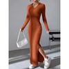 Women Sexy Knit V-neck Reverse Neck Split Dress Autumn Winter Full Sleeve Elastic Basic Body Sweater