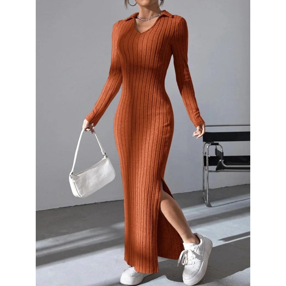 Women Sexy Knit V-neck Reverse Neck Split Dress Autumn Winter Full Sleeve Elastic Basic Body Sweater