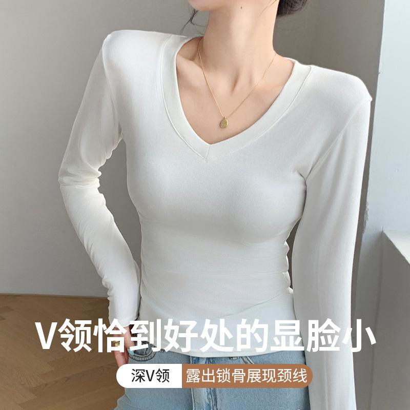 55 Love Collar Bottoming Shirt Inside and Outside, Design Sense White T-shirt Front Shoulder V-neck Autumn New