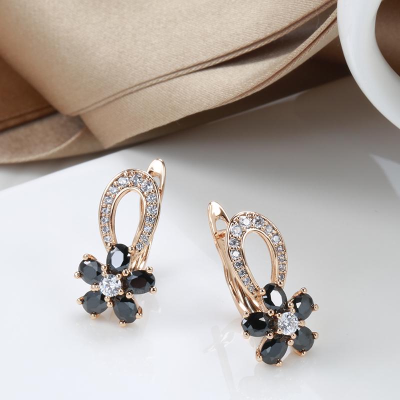 Luxury Hollow Flowers Women Earrings Black White Natural Zircon  Rose Gold Drop Earrings Bridal Wedding Fashion Jewelry