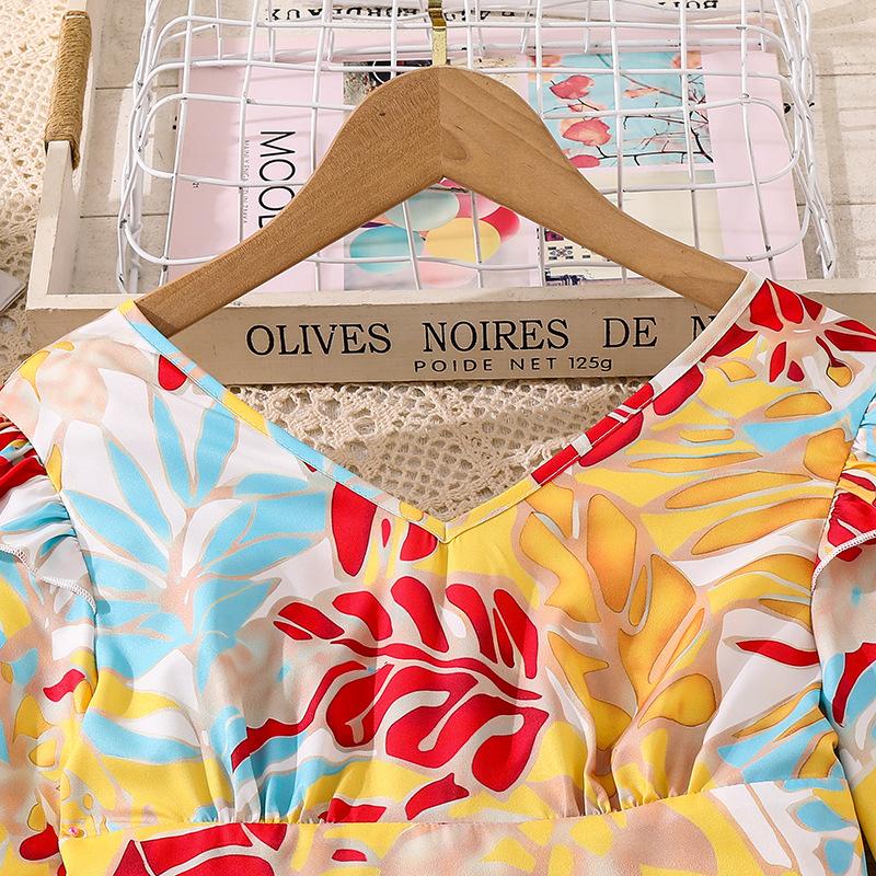 Girls' Dress Autumn New High-end Elegant Printed V-neck Long Sleeve Waist-cinching Slimming Pleated Long Dress for Children