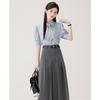 Douyin Blue Short Sleeve Ribbon Blouse & Pleated Midi Skirt Formal Set