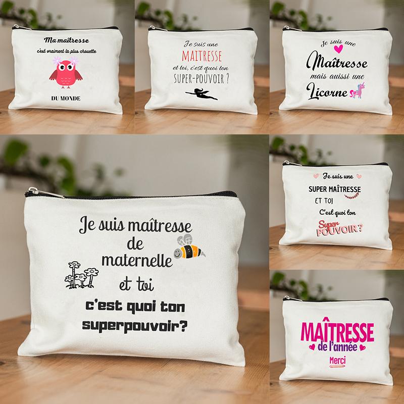 Teacher Theme Women Makeup Bag Maitresse Inspired Cosmetic Case with French Style Design Educational Motif Wallet Work or School