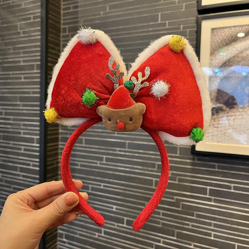 Červená sametová čelenka s mašlí ve tvaru soba - Roztomilý vánoční vlasový doplněk pro dívky