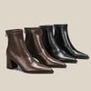 Autumn and Winter Thick Heel Single Boots Medium Tube Thin Boots Women Thin Rear Zipper Black Pointed Head Low Tube Leather Boots High Heel Women