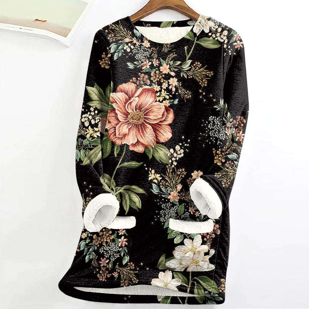 Dámský top s kulatým výstřihem s potiskem, zahuštěný plyšový kašmírový hřejivý dlouhý top