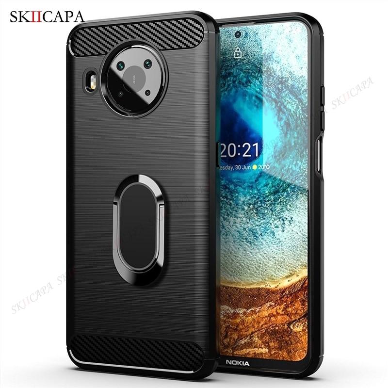 Brushed Carbon Fiber Shockproof Phone Case for Nokia X10 X20 G10 G20 5.4 3.4 2.4 1.3 8.3 5G Magnetic Ring Stand Soft Silicone Phone Protective Cover
