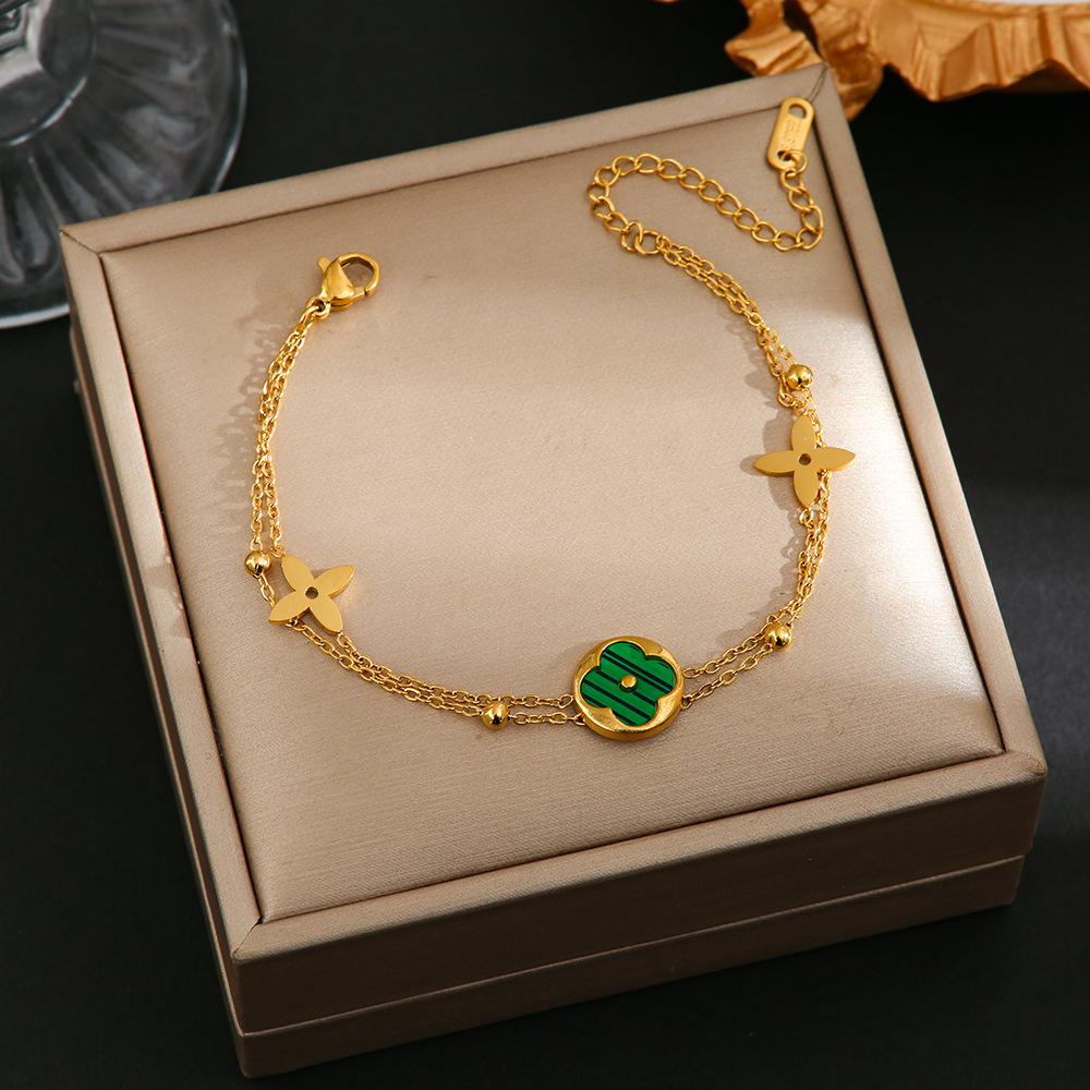 Luxe Titanium Staal Vierbladig Klaver Armband in Koreaanse Stijl met Ingelegde Diamanten voor Vrouwen - Kleurvast