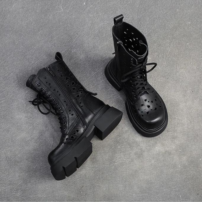 Johnature Hollow-out Breathable Summer Mid-calf Boots Fashion Women's Shoes Genuine Leather Thick Soled Sandals