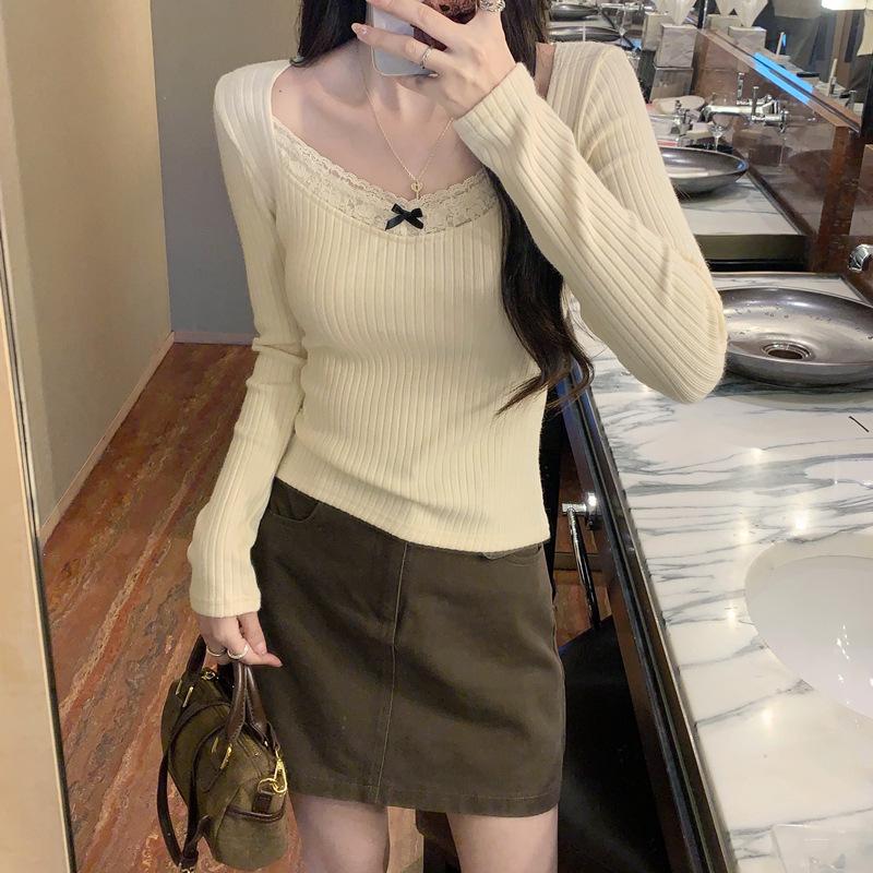 Women's Lace Bow Base Layer Top, Long-Sleeve Slim Fit, Flattering Shoulders - Perfect for Autumn/Winter Wear