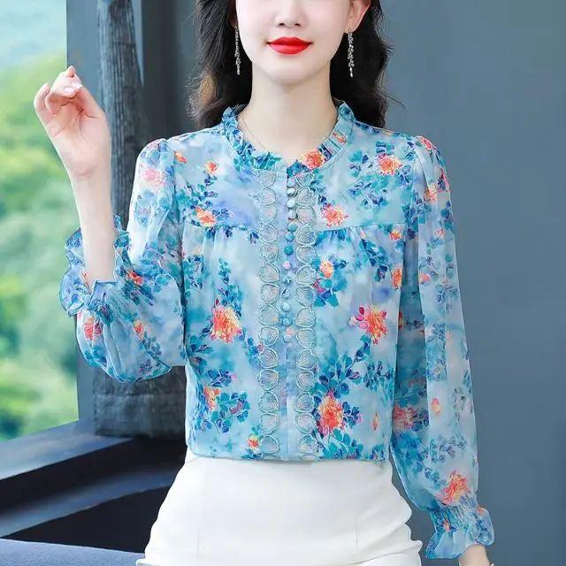 Fashionable Printed Lantern Sleeves Chiffon Shirt Loose Top