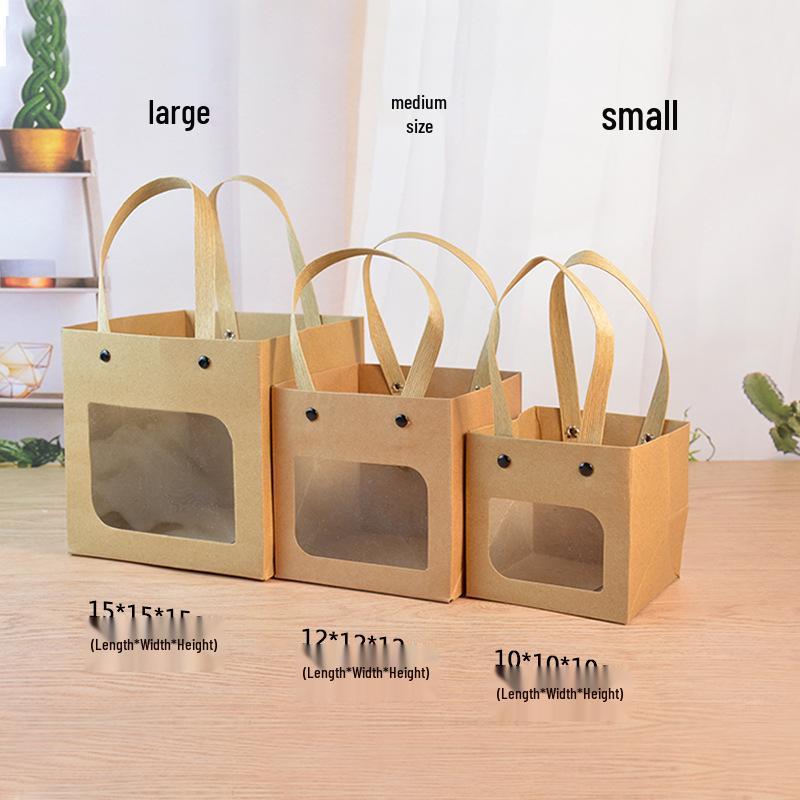 Small Qixi Gift Bag with Smiley Face, Kraft Paper, Square Window for Flowers
