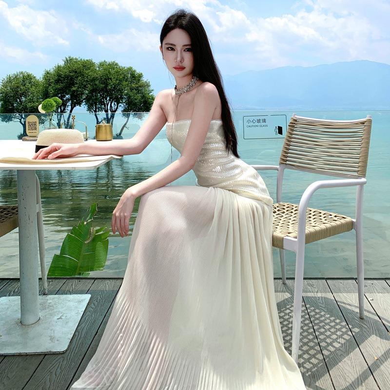 Seaside Vacation Long Dress Summer High Sense Socialite Mopping Mesh Skirt Tube Top Sequined Dress Women