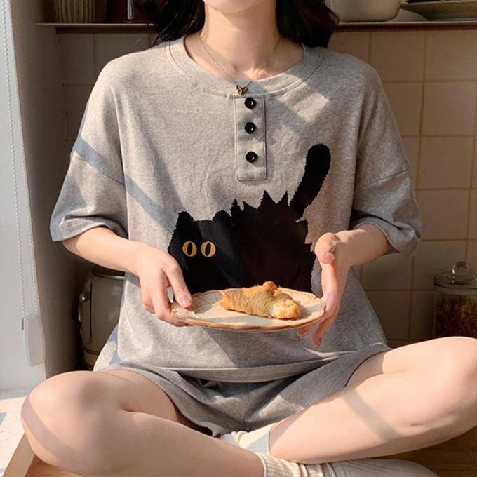 

Летняя женская пижама с забавным принтом из мультфильмов, футболка с круглым вырезом и шорты, комплект из 2 предметов, пижама для девочки, молодежная домашняя одежда XXL серый