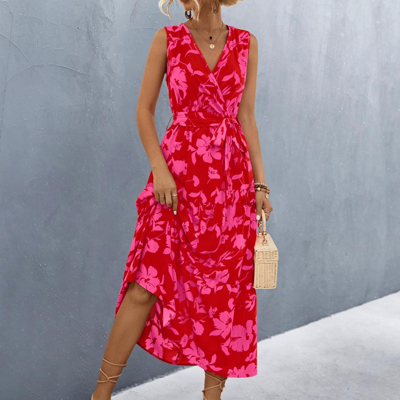 

QICED Весенне-летнее женское платье без рукавов с V-образным вырезом и завышенной талией с цветочным принтом XL розы красного