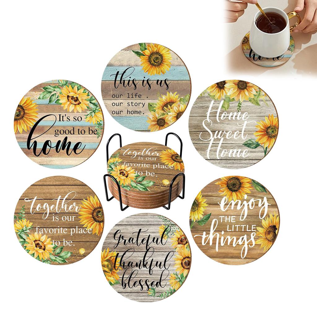 Christmas 6 Pieces Vintage Sunflower Drink With Holder Absorbent Sunflower Wood Drink Thank You Gifts Plates Mats Table Round