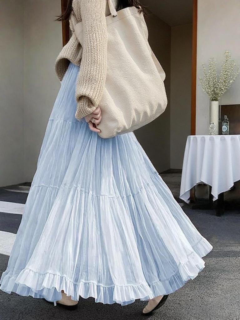 French Style High-Waist Midi Skirt: Spring A-Line Pleated Mesh Swing Skirt for Women