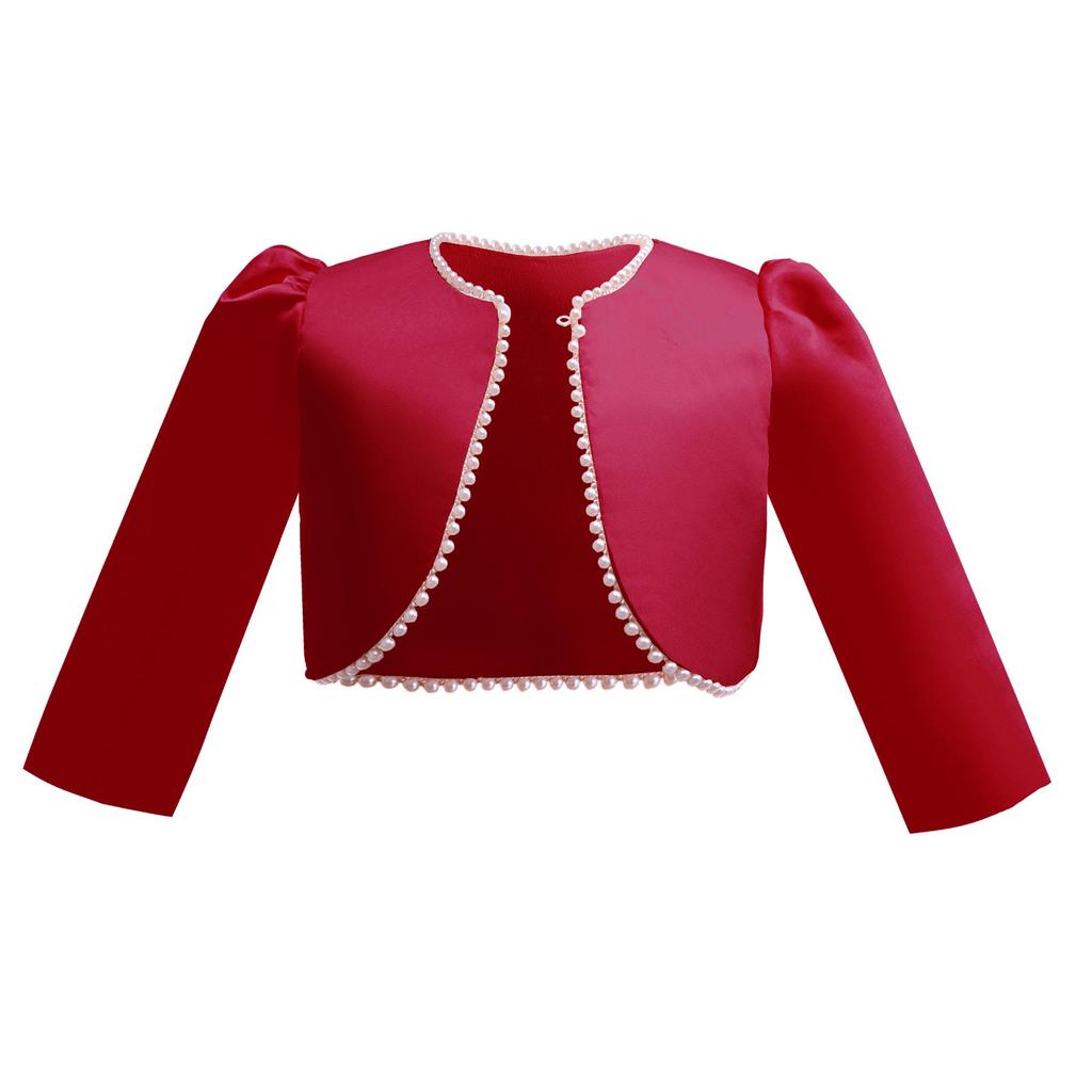 Girl's Red Pearl Long-Sleeve Evening Dress with Accessories, Including One-Button Shawl, Short Jacket Cape, and Sleeveless Vest.