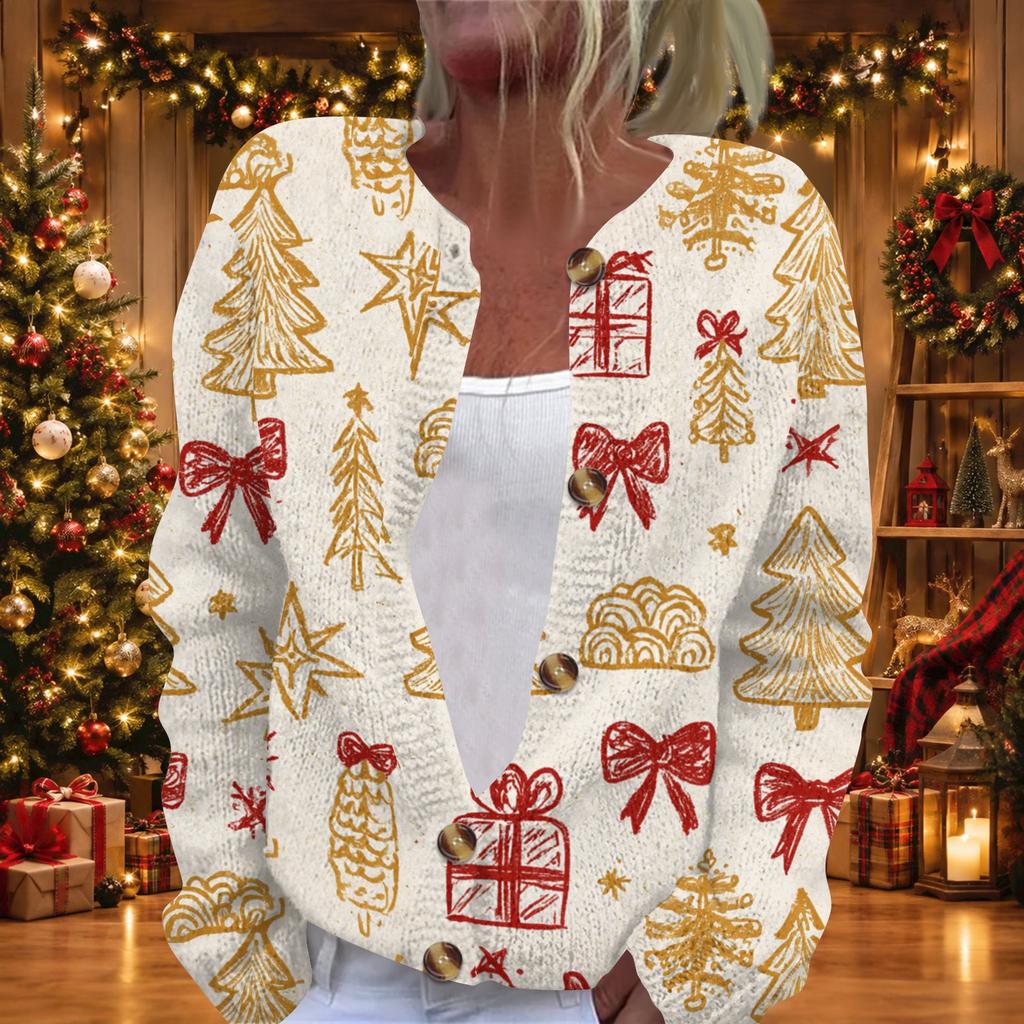 Women's Christmas Print Long Sleeve Knit Cardigan Button Front Sweater