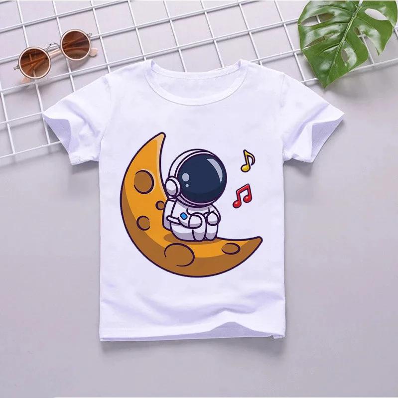 White Planet Space Crew Neck Print T-shirt Short-Sleeved Kids' Graphic Top Summer Polyester Fabric Children's Fashion