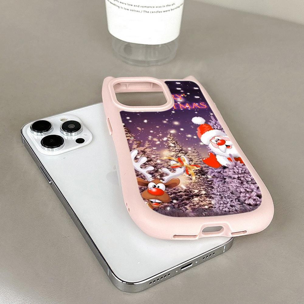 Cat Ear Soft Phone Case for iPhone 16 15 14 13 12 11 Pro Max Plus XR TPU Anti-Drop Transparent Acrylic Back Cover NY29 Merry Christmas Christmas tree