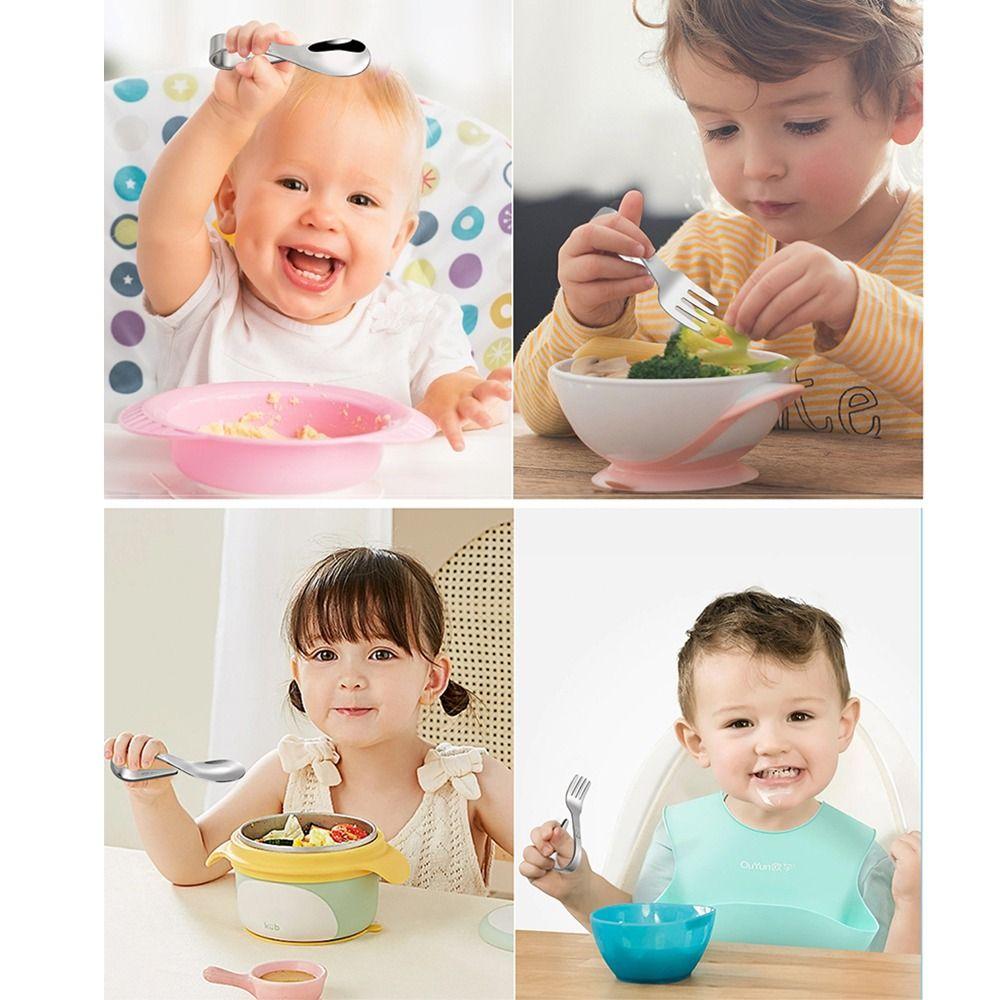 Stainless Steel Baby Forks and Spoons Set Curved Handle with Storage Box Cute Training Spoon Fork Anti-Choke Design Portable