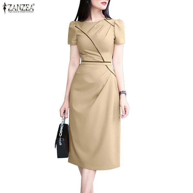 ZANZEA Women Casual Round Neck Summer Short Sleeve Sheath Dress