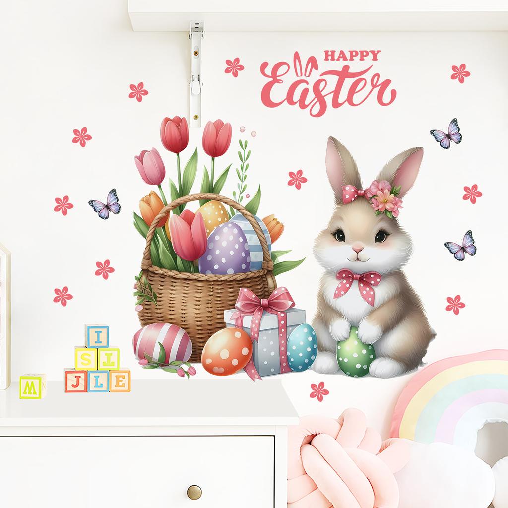 Easter Bunny Flowered Easter Egg Wall Stickers for Bedroom and Living Room Decoration and Beautification Wall Stickers