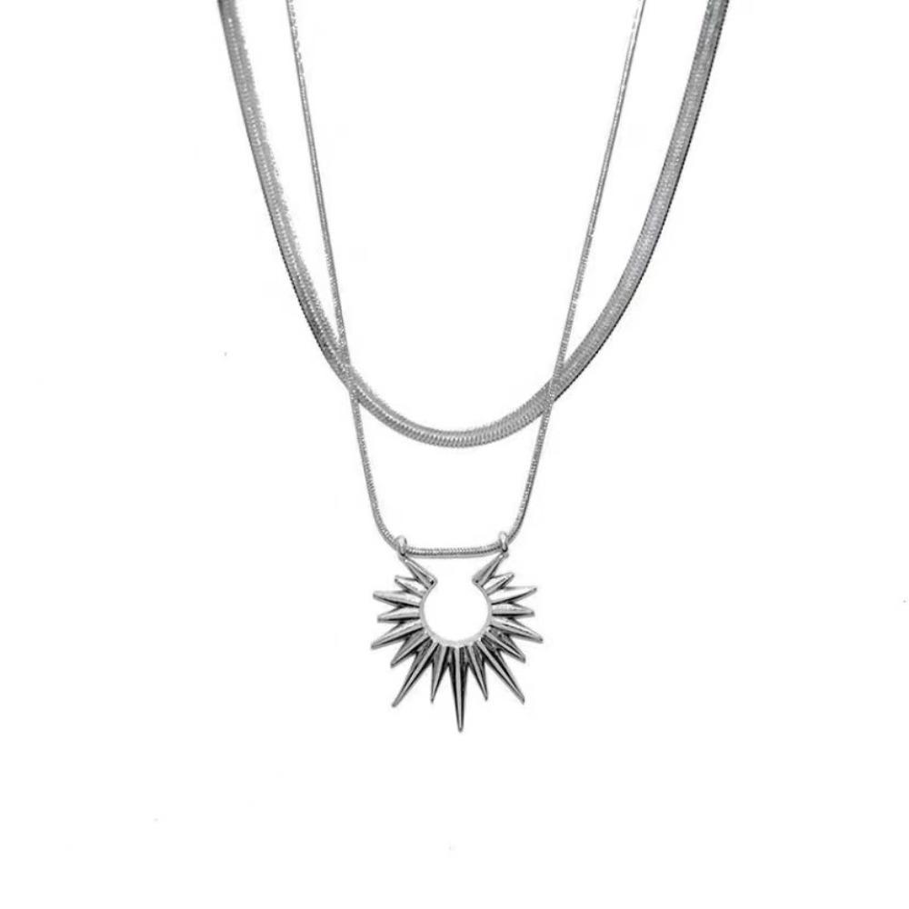 Hip-hop Punk Stainless Steel Hollowed-out Sun Flowers Pendant Sliver Color Layered Necklace for Women Men Collar Chain Jewelry