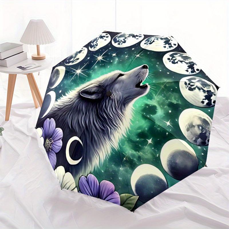 1pc Moon Wolf Compact Travel Umbrella, Automatic Folding Lightweight Windproof 8-Bone Reinforced Design,012130