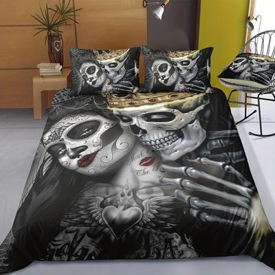 Set copripiumino con stampa scheletro morbido e confortevole per camera da letto e camera degli ospiti, include 1 copripiumino e 2 federe